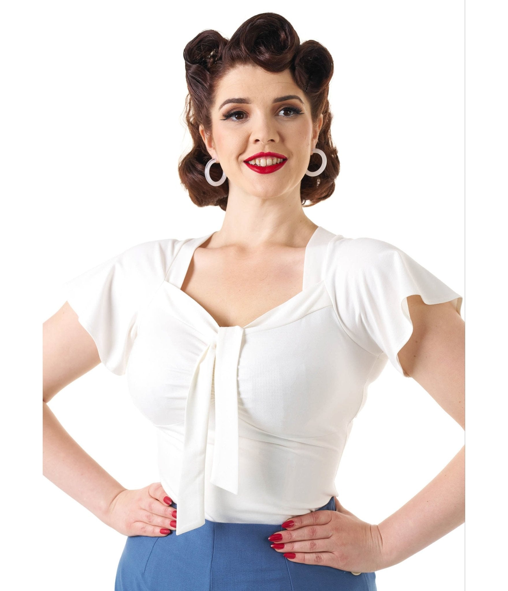 Pretty Retro Ivory Pretty Self Tie Top - Unique Vintage - Womens, TOPS, WOVEN TOPS