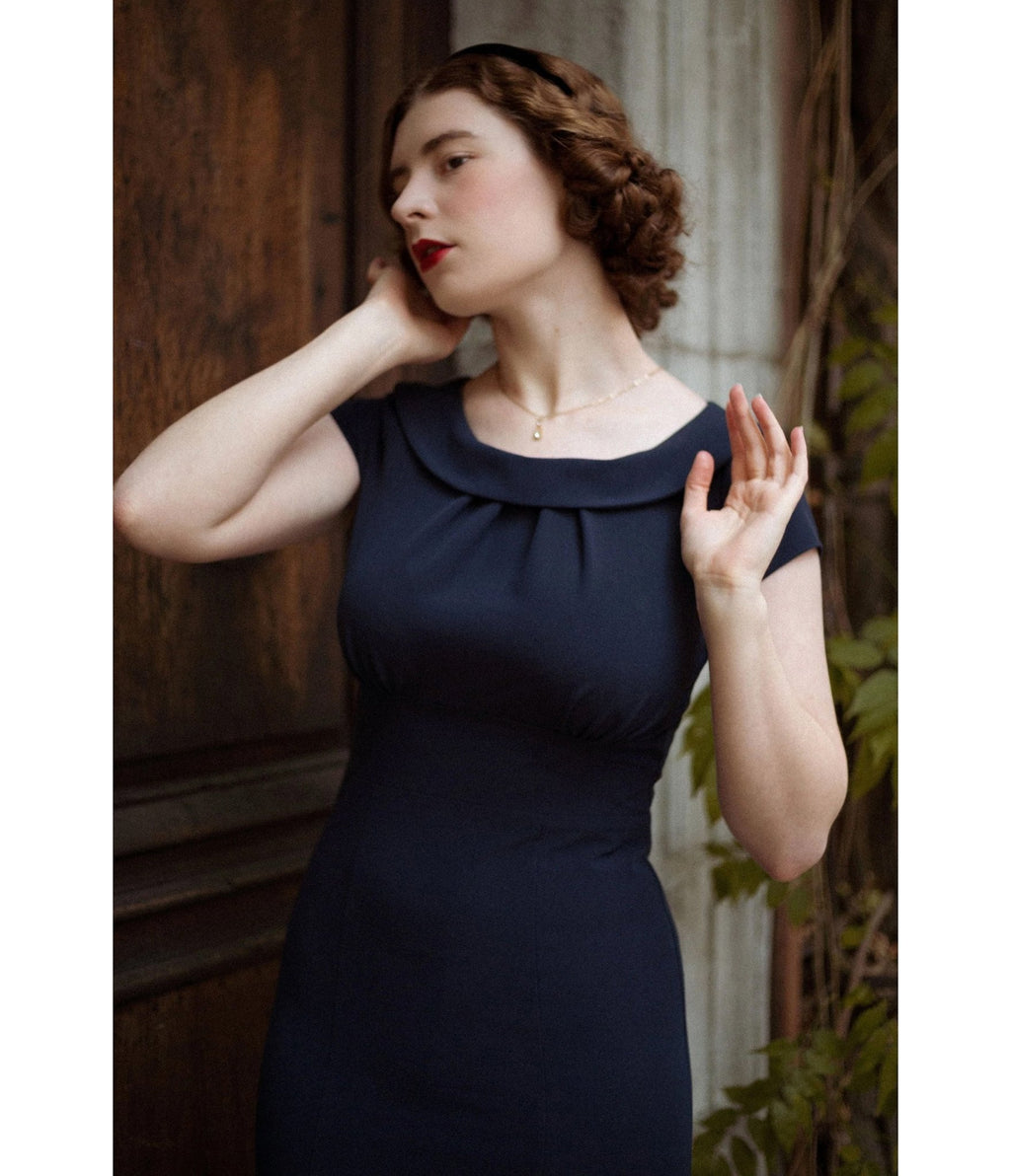 Pretty Retro Navy 1930s Melissa Dress - Unique Vintage - Womens, DRESSES, MIDI