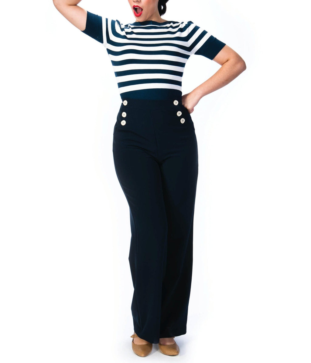 Pretty Retro Navy Sailor Slacks - Unique Vintage - Womens, BOTTOMS, PANTS