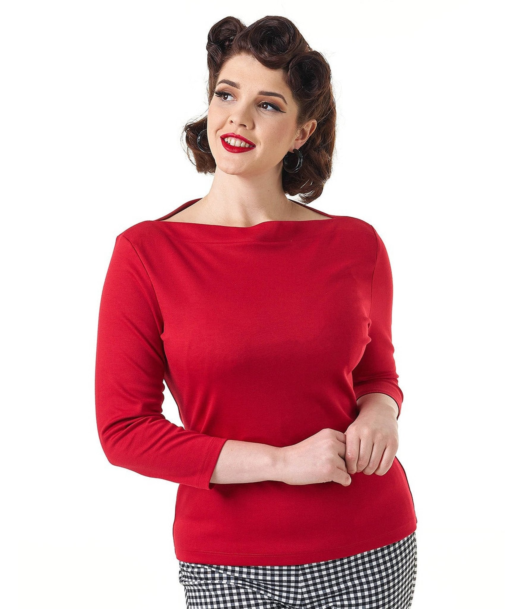 Pretty Retro Red Bardot Top - Unique Vintage - Womens, TOPS, WOVEN TOPS