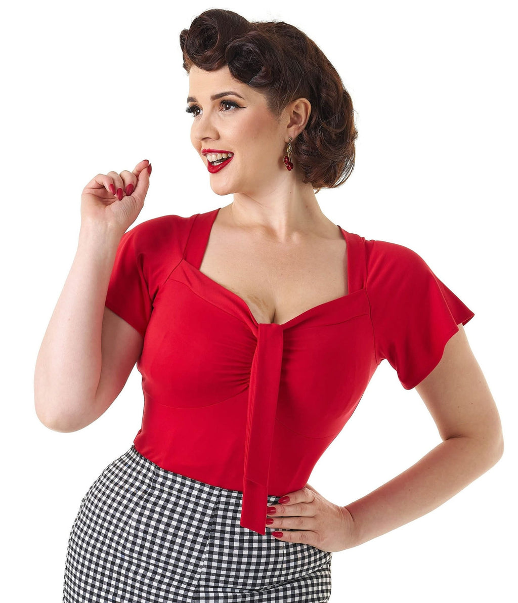 Pretty Retro Red Pretty Self Tie Top - Unique Vintage - Womens, TOPS, WOVEN TOPS