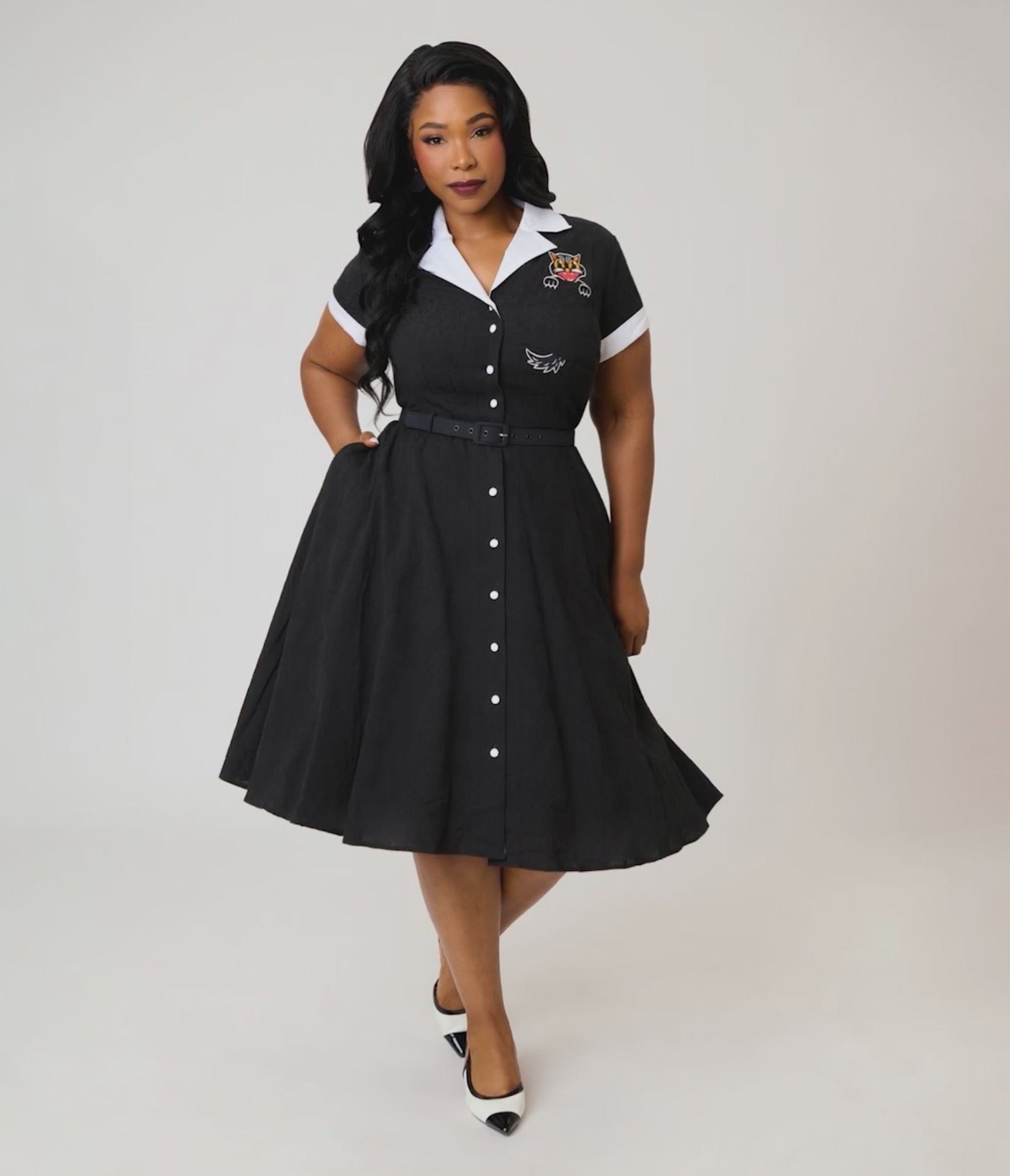 Unique Vintage Plus Size Black Cat Embroidered Alexis Swing Dress