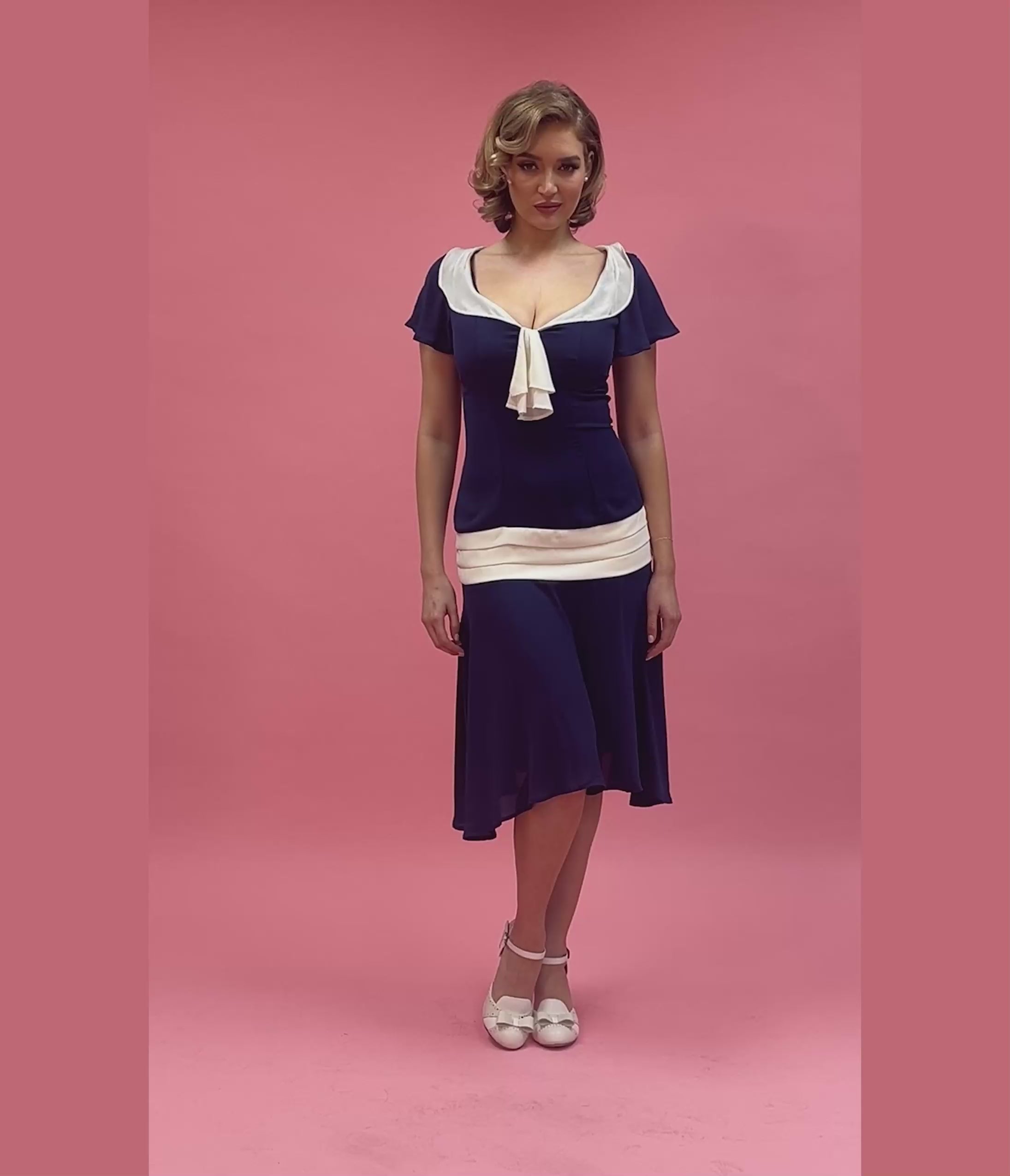 Unique Vintage 1920s Navy Blue & Ivory Wilshire Flapper Day Dress