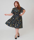 Unique Vintage Plus Size Black Celestial Print Swing Dress