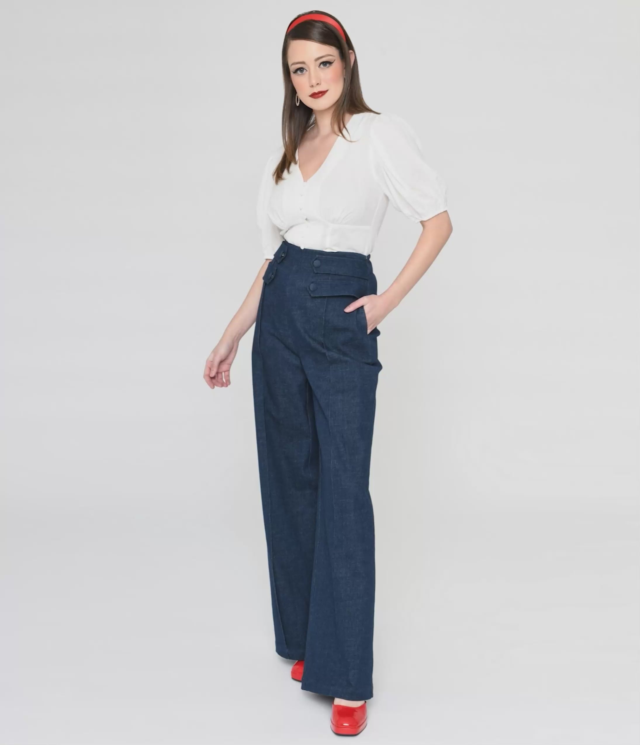 【DIANTE】ROLL UP LOOSE DENIM Unique Vintage 1940s Denim High Waist Wide Leg Tab Pants