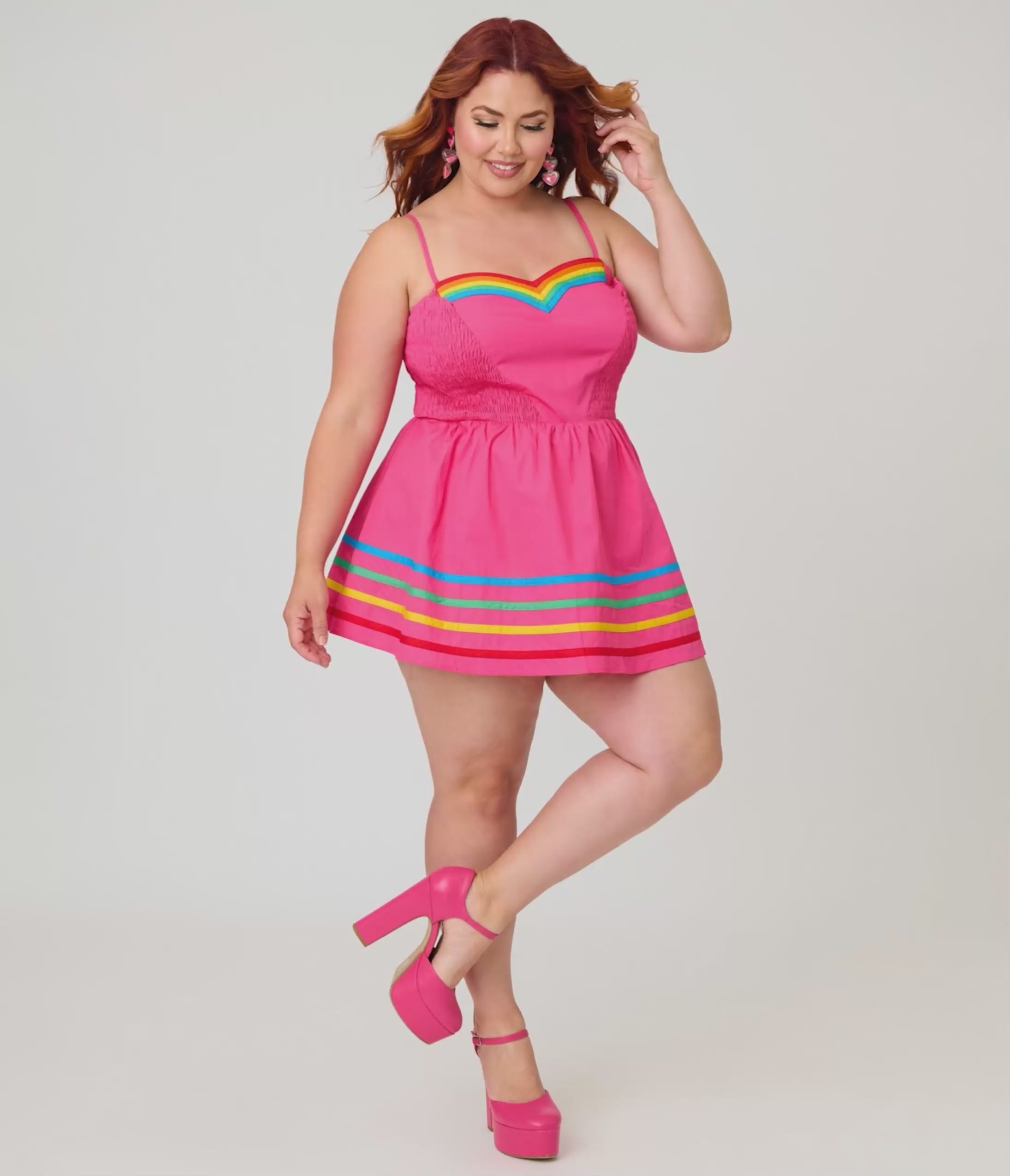 Unique Vintage Plus Size Hot Pink & Rainbow Cotton Skirted Romper