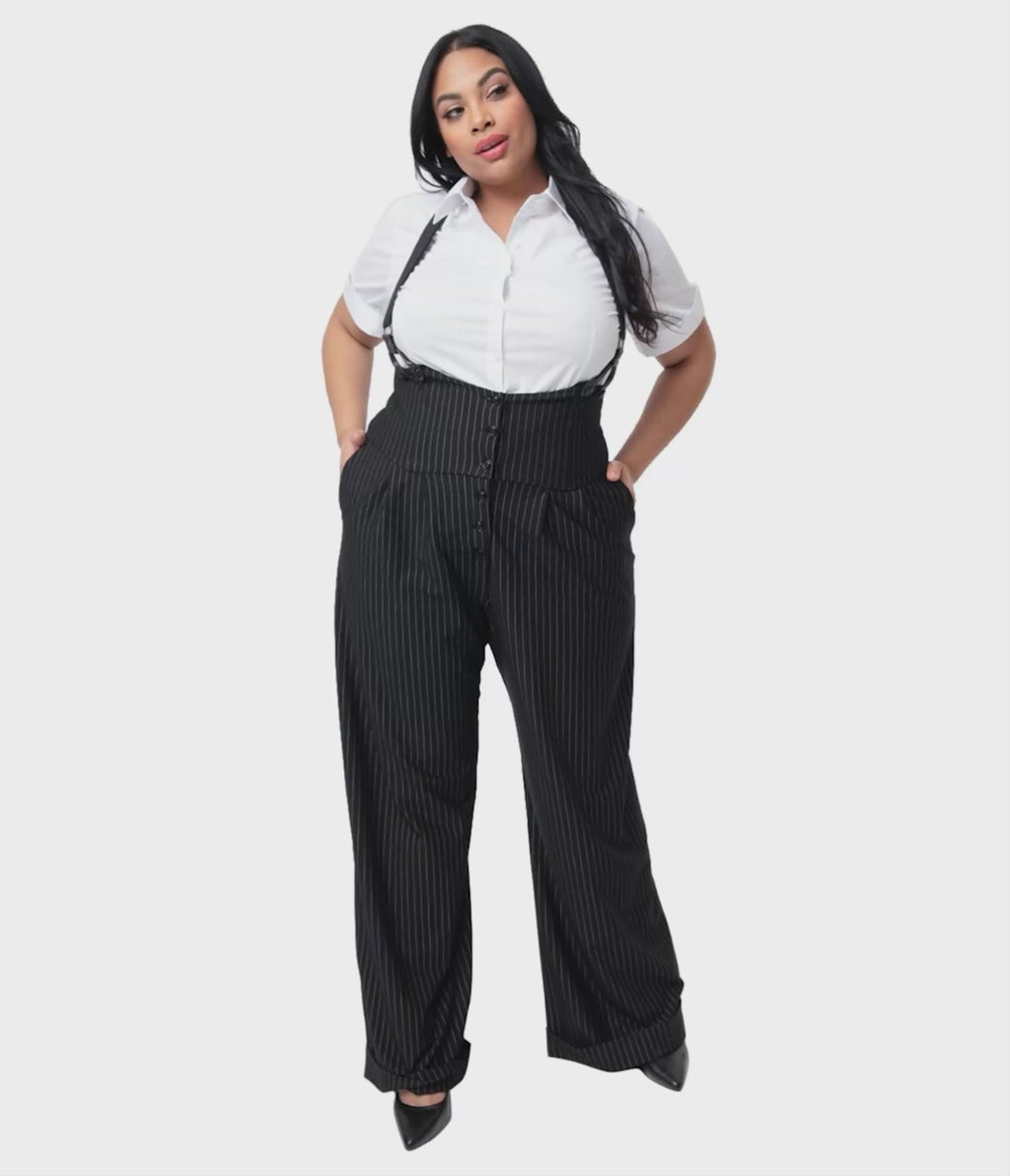 Unique Vintage Plus Size 1930s Black & White Pin Stripe Thelma Suspender Pants