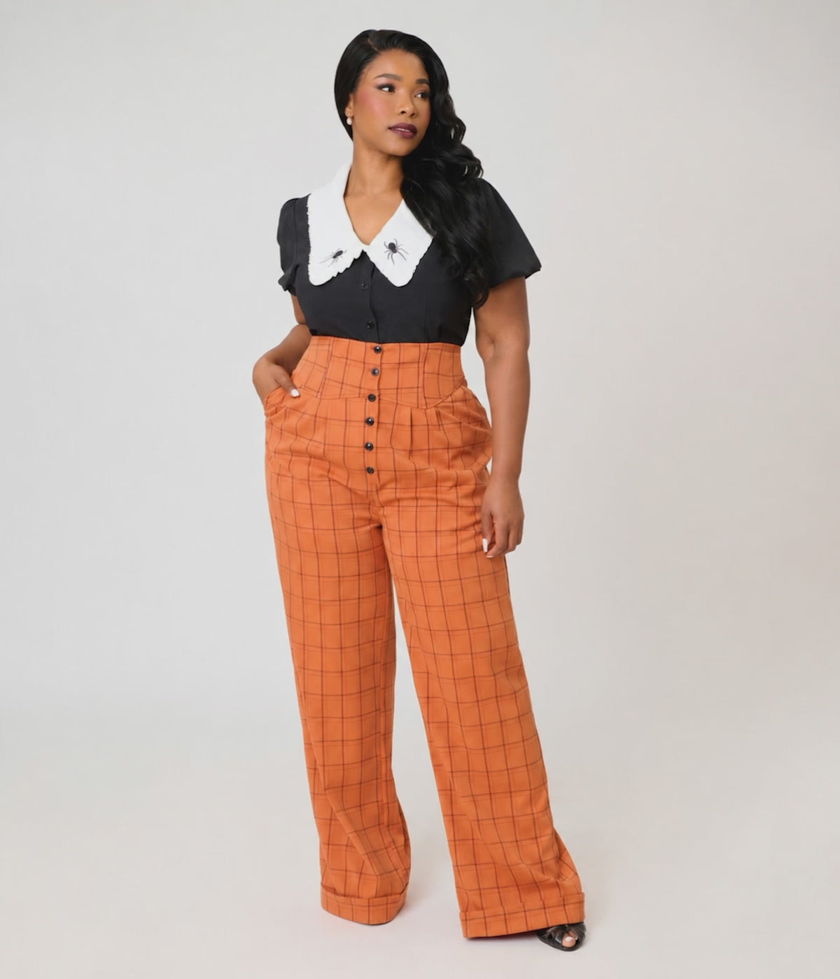 Unique Vintage Plus Size Orange Windowpane Plaid High Waisted Trouser