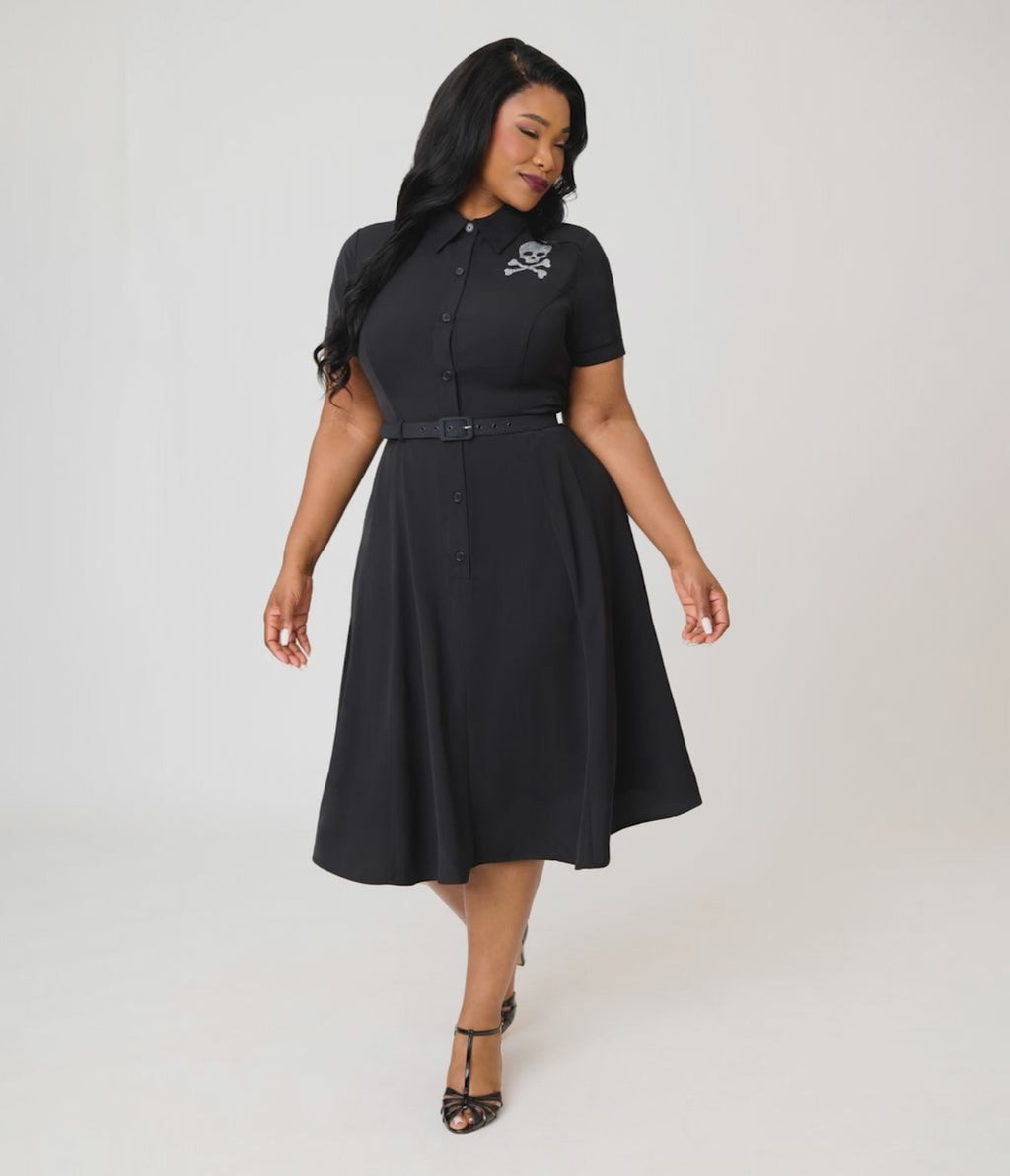 Unique Vintage Plus Size Black & Rhinestone Skull Shadia Shirt Dress