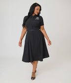 Unique Vintage Plus Size Black & Rhinestone Skull Shadia Shirt Dress