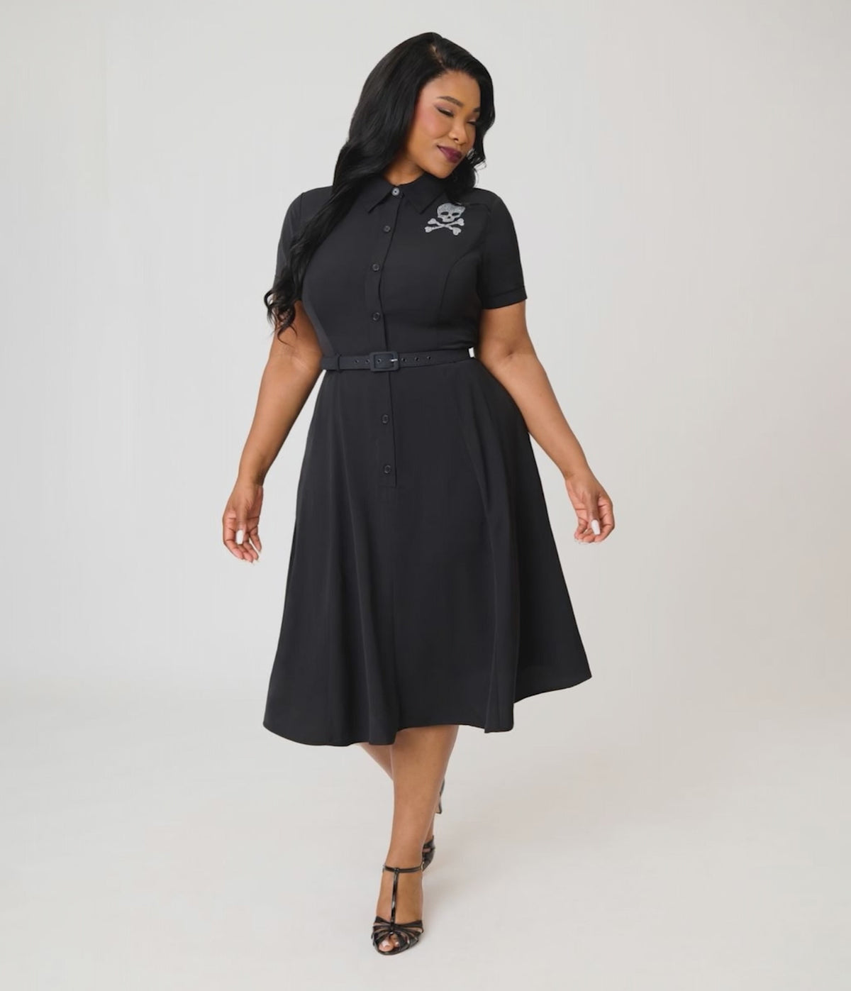Unique Vintage Plus Size Black & Rhinestone Skull Shadia Shirt Dress