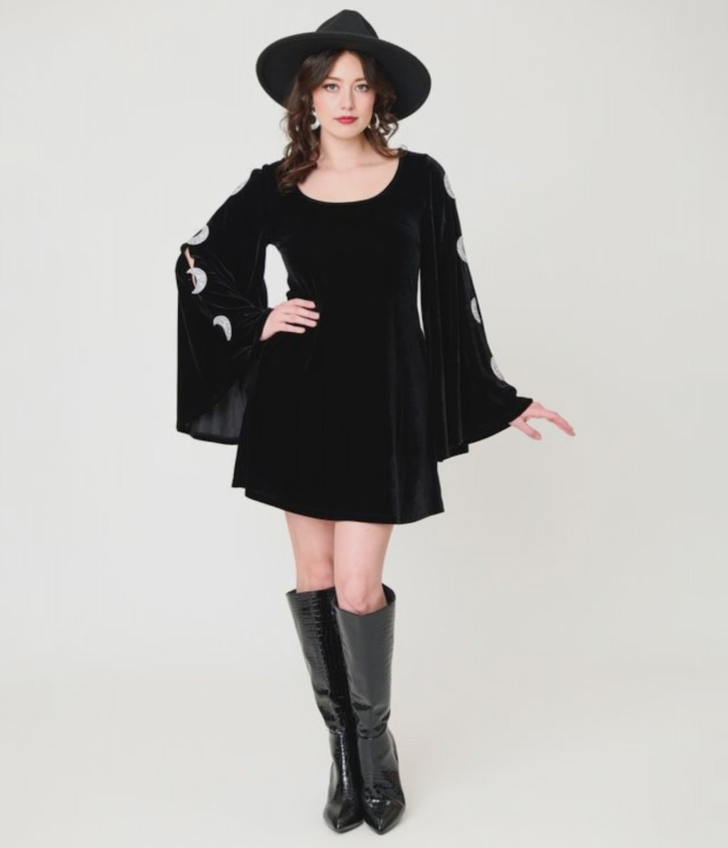 Smak Parlour Black Velvet Moon Cutout Bell Sleeve Mini Dress