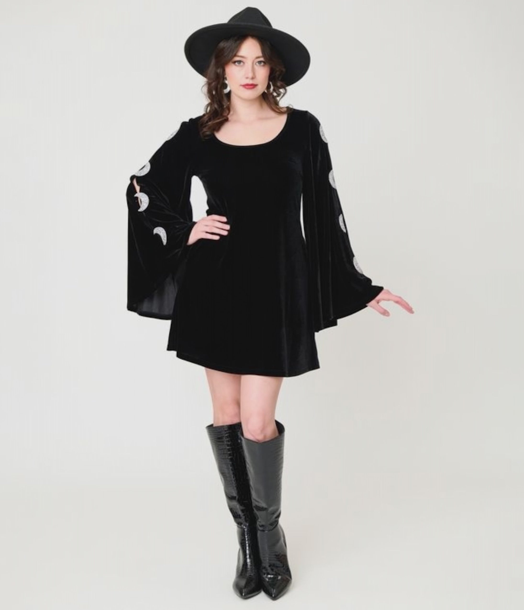 Smak Parlour Black Velvet Moon Cutout Bell Sleeve Mini Dress