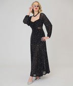 Unique Vintage Black W/ Stars Balloon Slv Maxi With Sheer Godet Panels - All Self W/ Lining