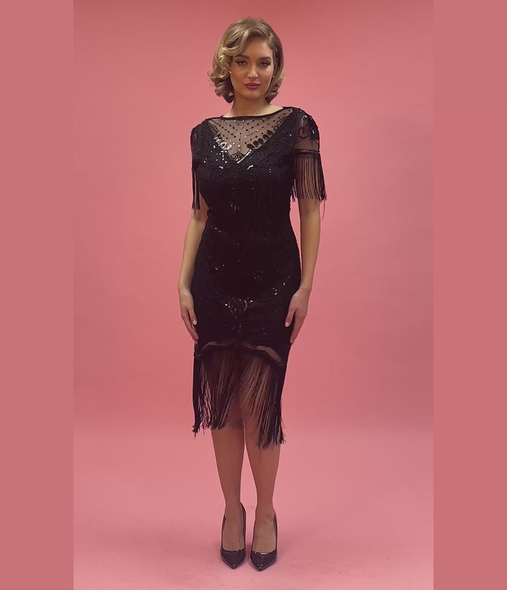 Unique Vintage 1920s Black Beaded Fringe Sleeve Nadine Flapper Dress