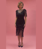 Unique Vintage 1920s Black Beaded Fringe Sleeve Nadine Flapper Dress