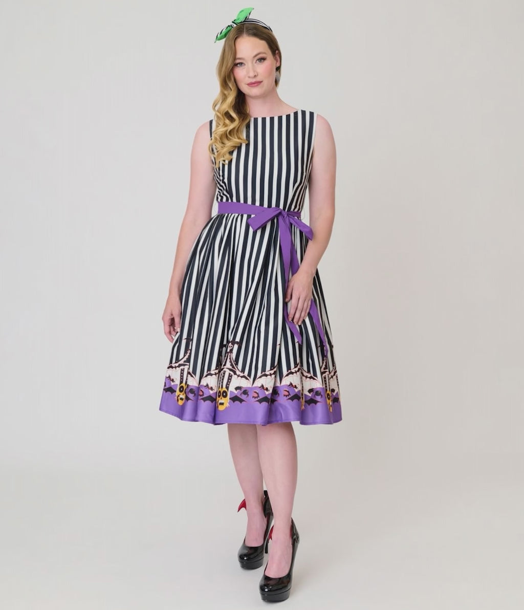 Beetlejuice x Unique Vintage Black & White Striped Beetlejuice Border Print Sleeveless Swing Dress