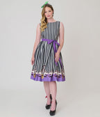 Beetlejuice x Unique Vintage Black & White Striped Beetlejuice Border Print Sleeveless Swing Dress