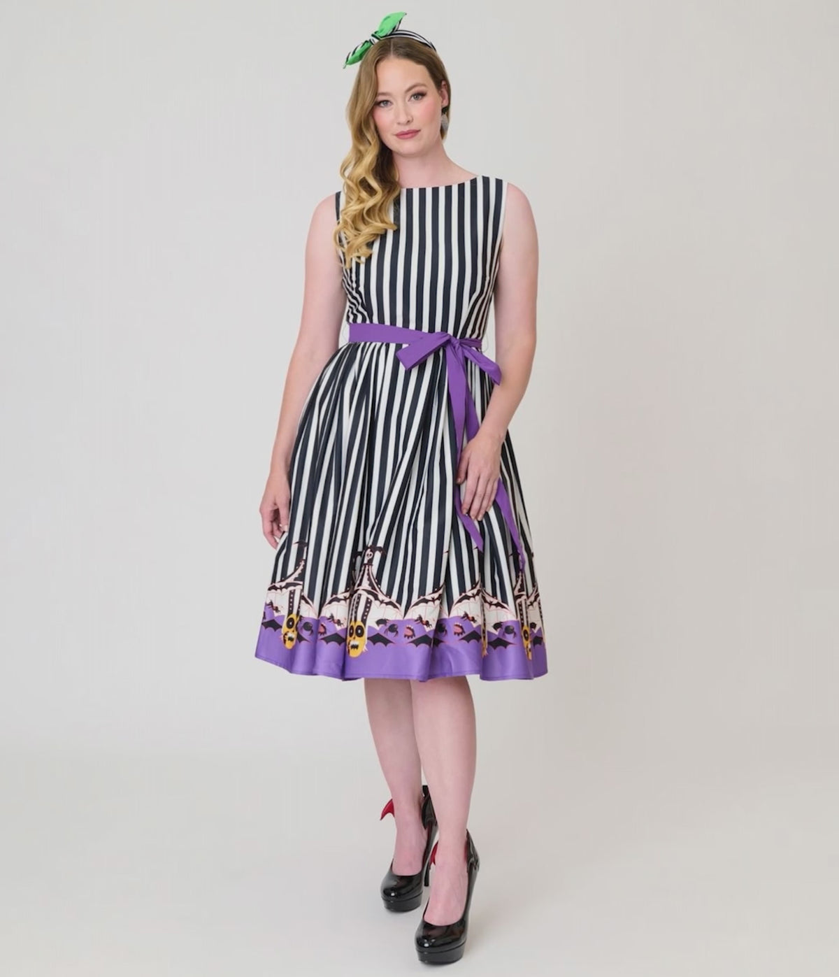 Beetlejuice x Unique Vintage Black & White Striped Beetlejuice Border Print Sleeveless Swing Dress