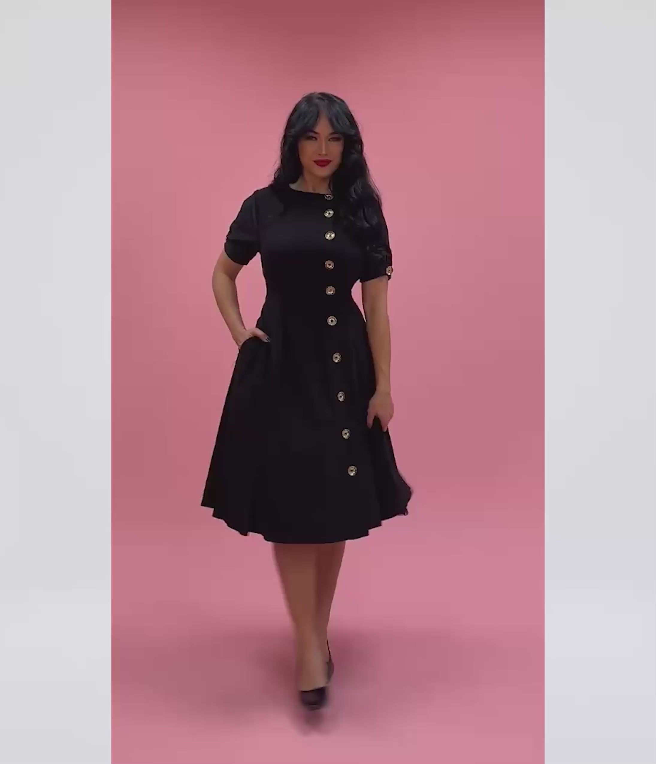 Unique Vintage Black Button Swing Dress