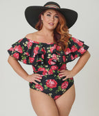 Unique Vintage Plus Size Black Cabbage Roses Off Shoulder Nantucket Swimsuit