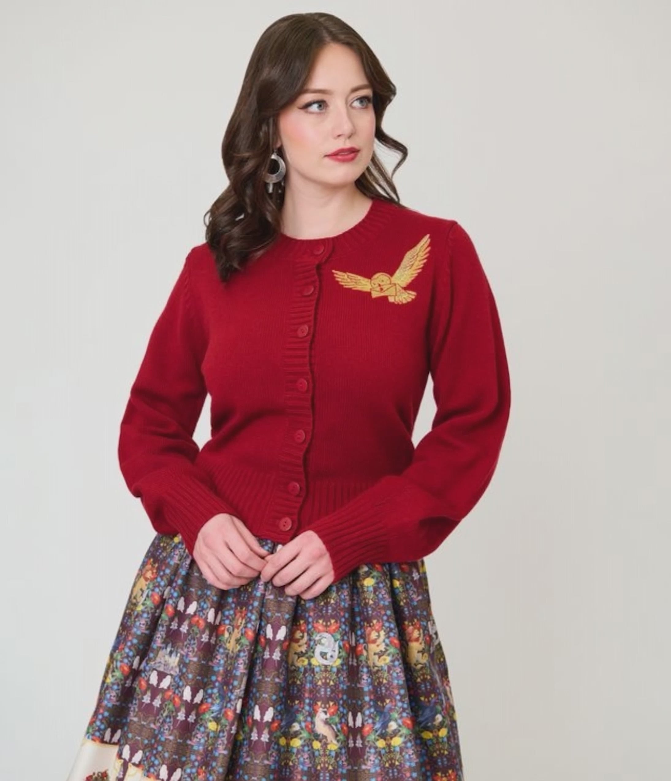 Harry Potter x Unique Vintage Burgundy Hedwig Embroidered Cropped Cardigan