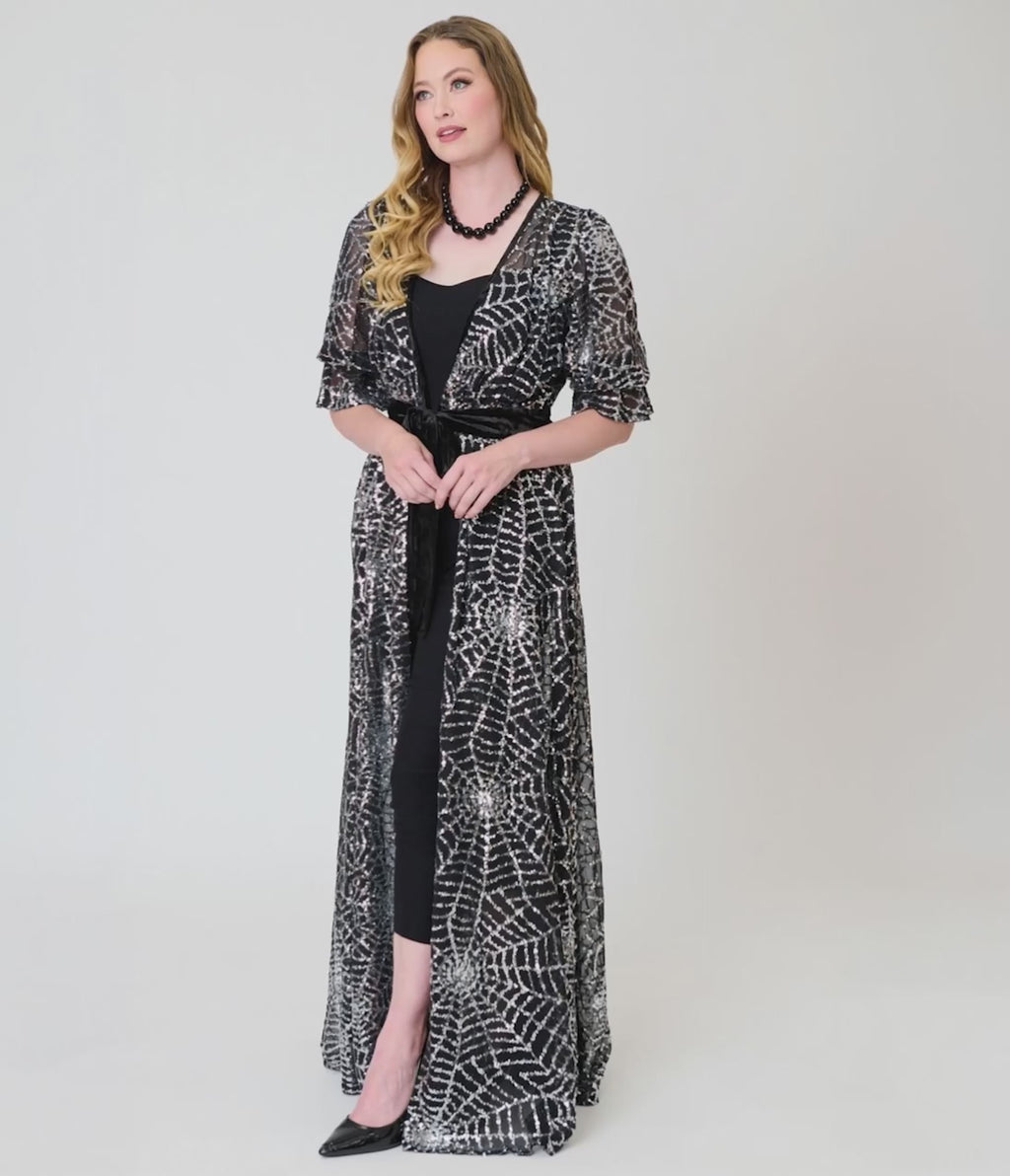 Unique Vintage Black Mesh & Silver Spiderweb Duster