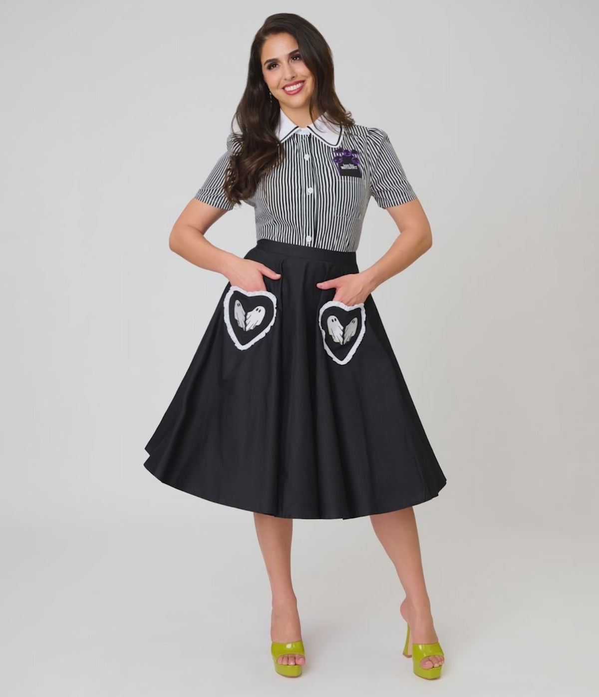 Beetlejuice x Unique Vintage Black Ghost Heart Pockets Sally Swing Skirt