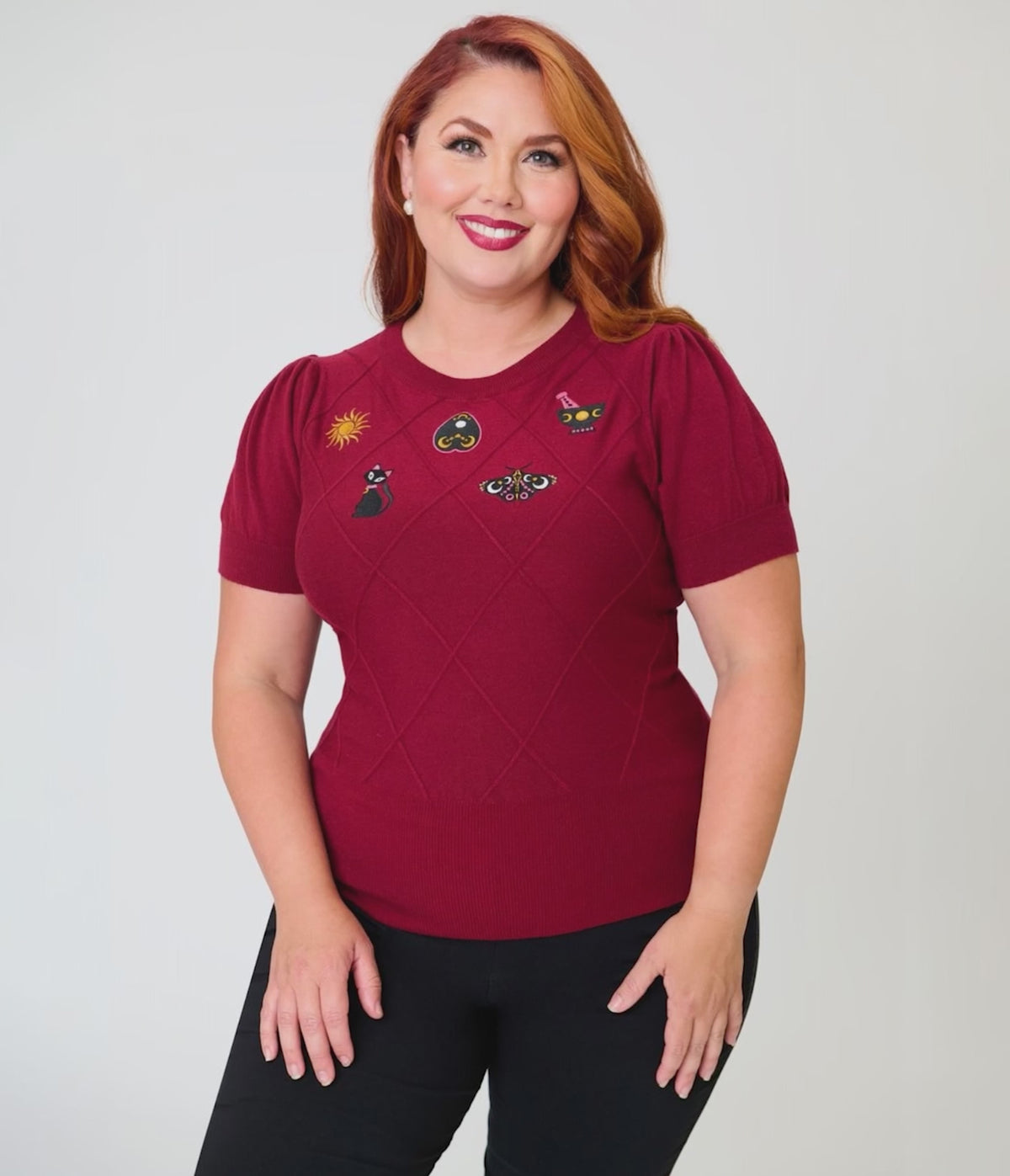 Unique Vintage Plus Size Burgundy Mystical Icons Embroidered Sweater