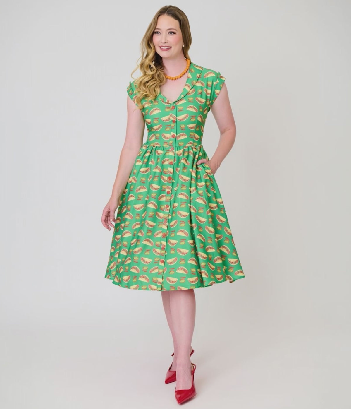 Unique Vintage Green Taco Print Swing Dress