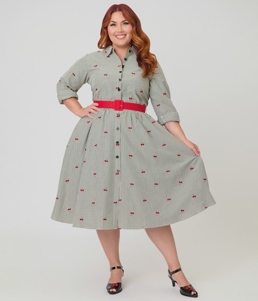 Unique Vintage Plus Size Black Gingham & Cherries Belted Shirt Dress