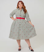 Unique Vintage Plus Size Black Gingham & Cherries Belted Shirt Dress