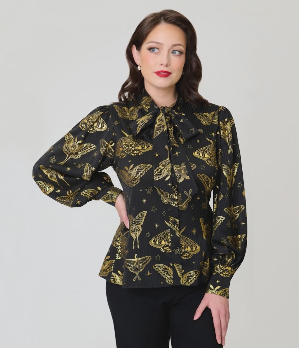 Unique Vintage Black & Gold Moth Neck Tie Gwen Blouse