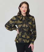 Unique Vintage Black & Gold Moth Neck Tie Gwen Blouse