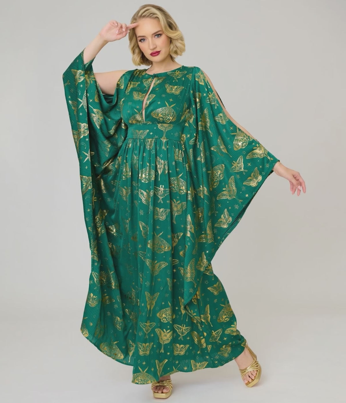 Unique Vintage Green & Gold Moth Foil Flutter Sleeve Dionne Caftan