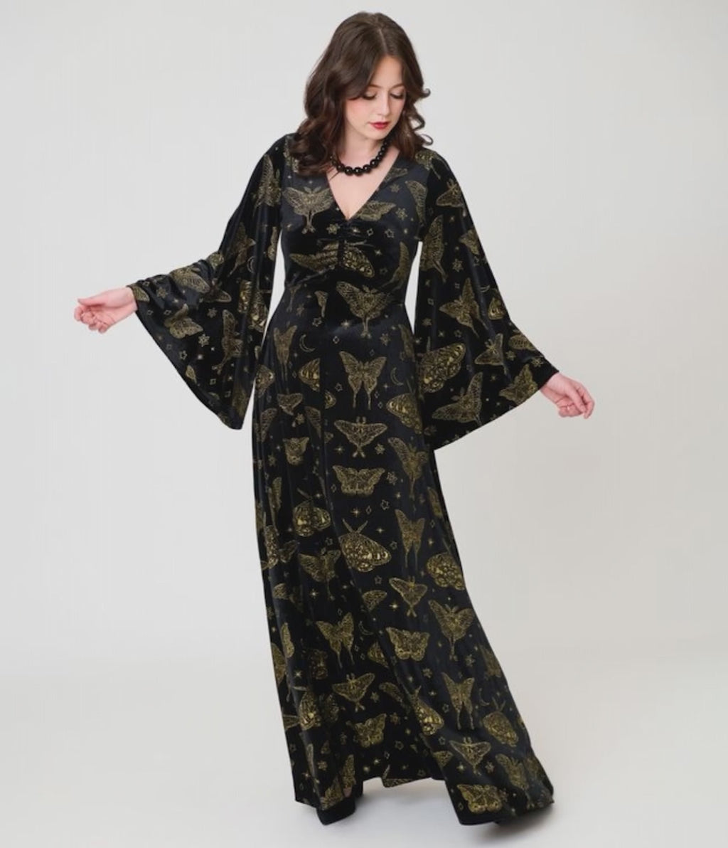 Smak Parlour Black & Gold Moth Print Stevie Maxi Dress