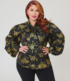 Unique Vintage Plus Size Black & Gold Moth Neck Tie Gwen Blouse