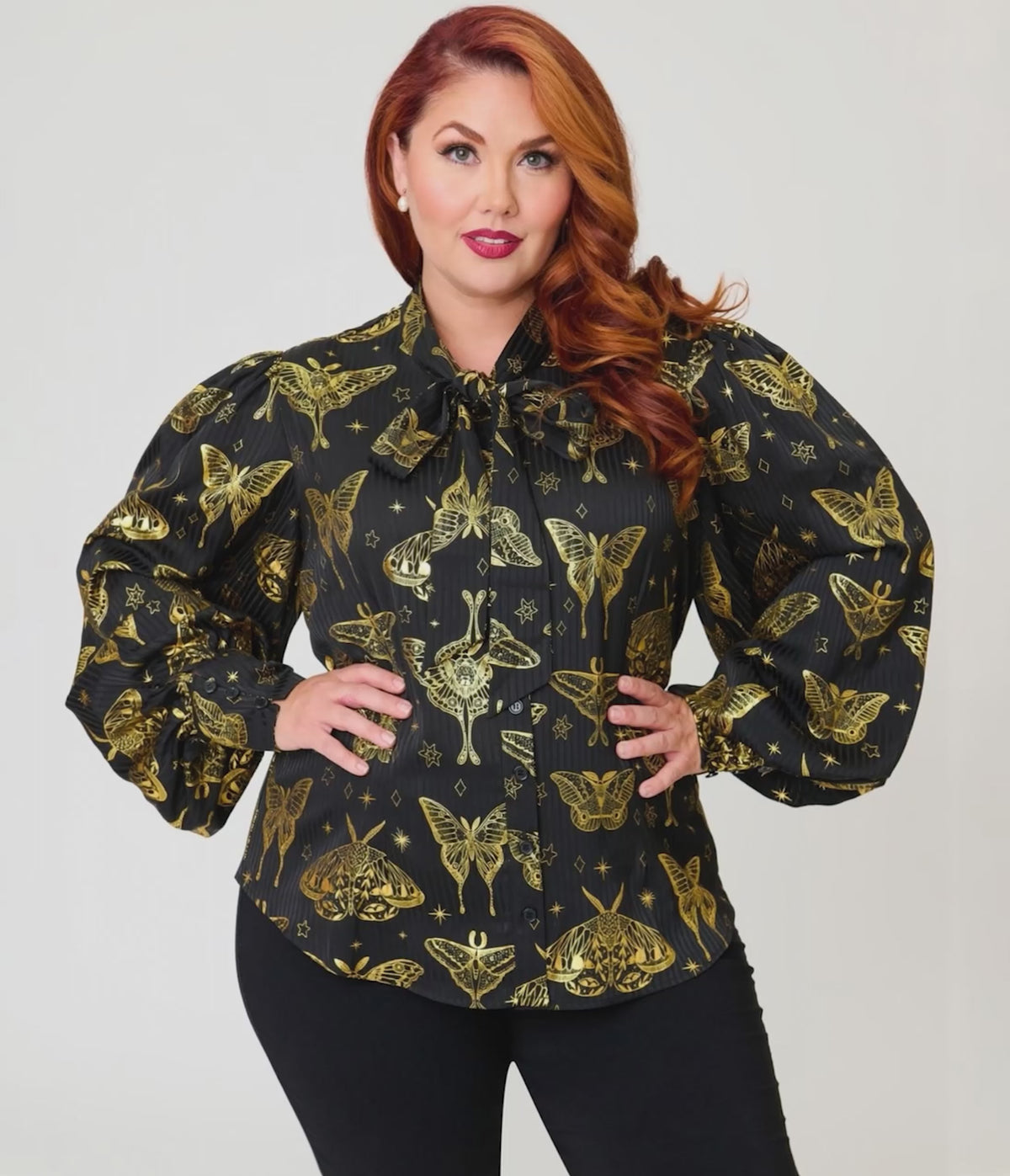 Unique Vintage Plus Size Black & Gold Moth Neck Tie Gwen Blouse