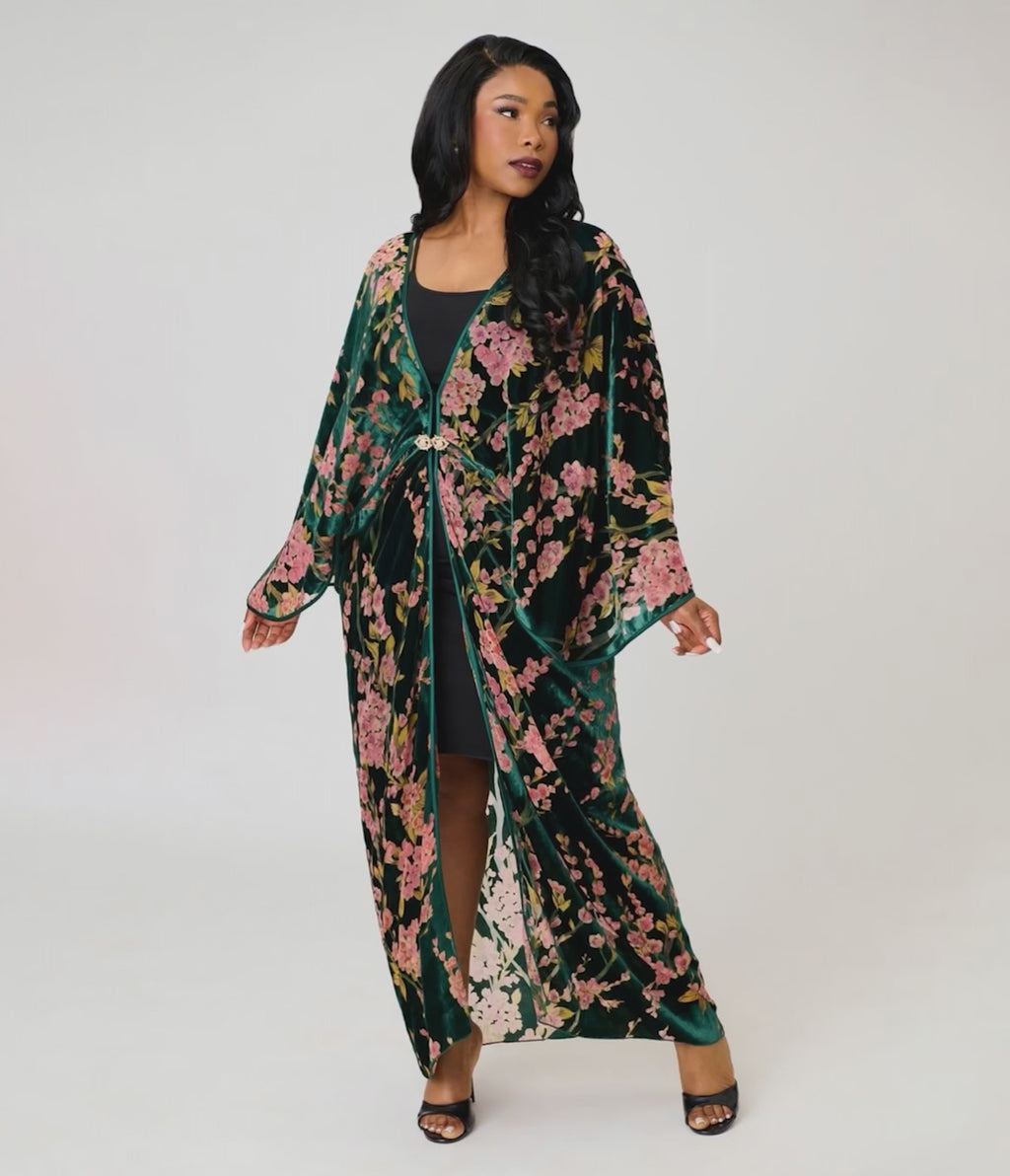 Unique Vintage Green Floral Embossed Velvet Long Kimono