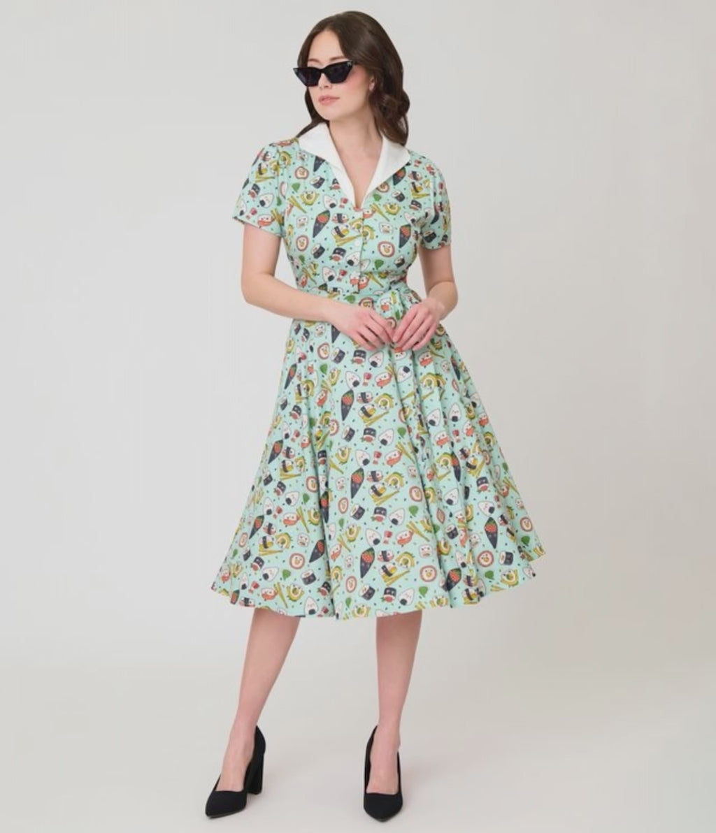 Unique Vintage Mint Sushi Print Shirt Dress