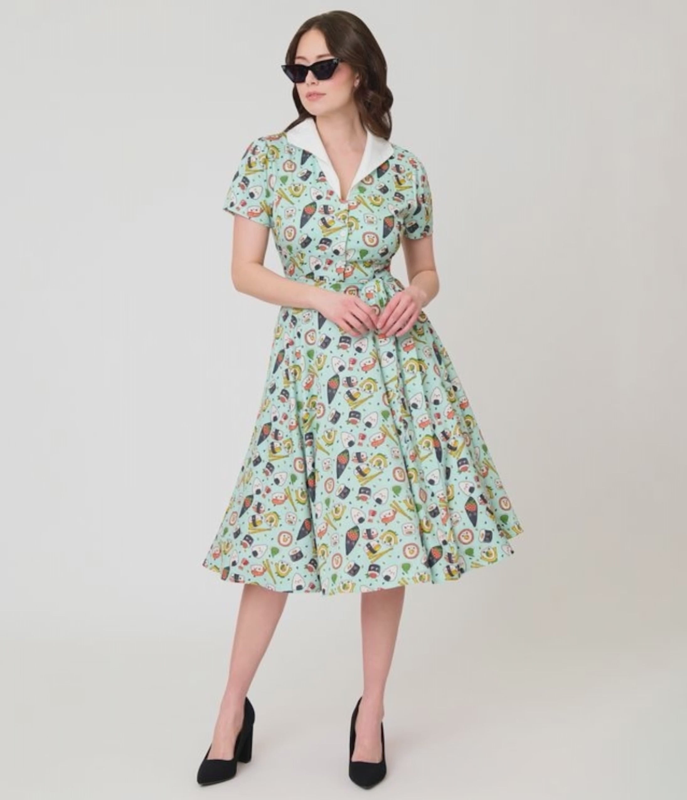 Unique Vintage Mint Sushi Print Shirt Dress