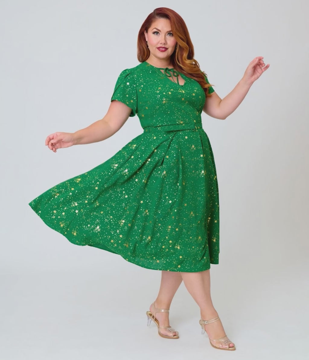 Unique Vintage Plus Size Green & Gold Star Dahlia Swing Dress