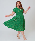 Unique Vintage Plus Size Green & Gold Star Dahlia Swing Dress