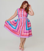 Unique Vintage Plus Size Pastel Purple & Blue Stripe Sleeveless Button Swing Dress