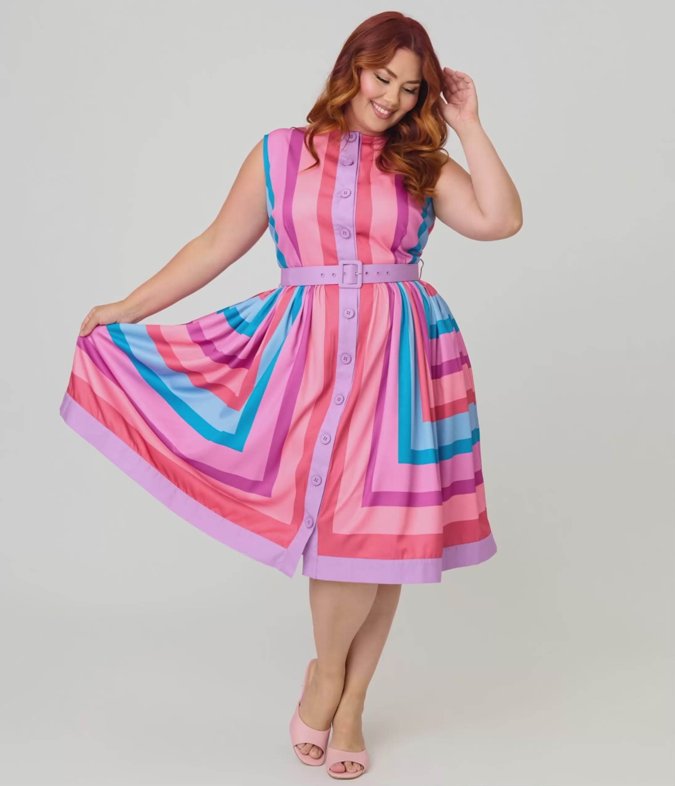 Unique Vintage Plus Size Pastel Purple & Blue Stripe Sleeveless Button Swing Dress
