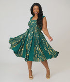 Unique Vintage Plus Size Green & Gold Peacock Swing Dress