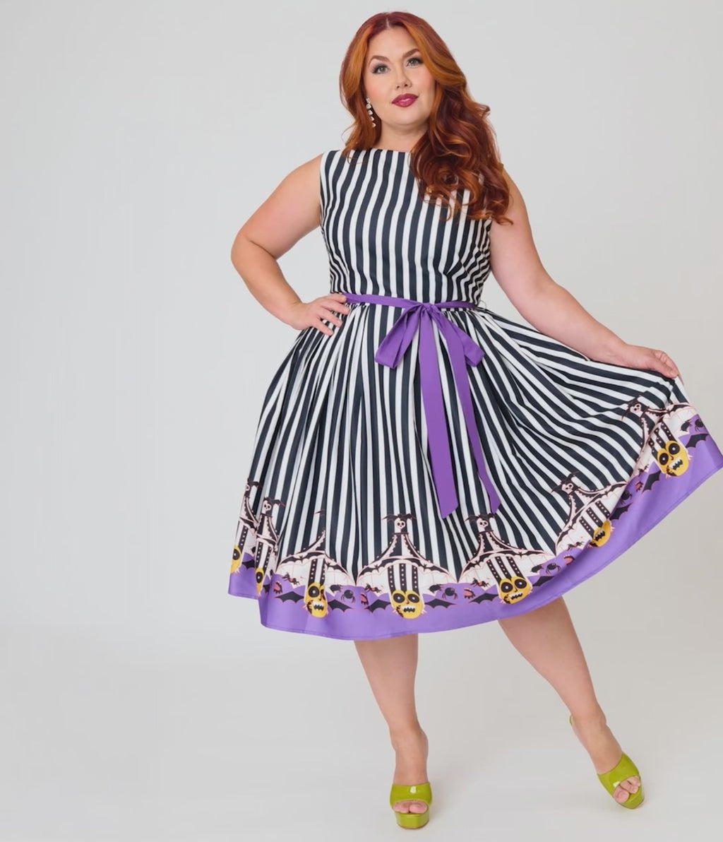 Beetlejuice x Unique Vintage Plus Size Black & White Striped Beetlejuice Border Print Sleeveless Swing Dress