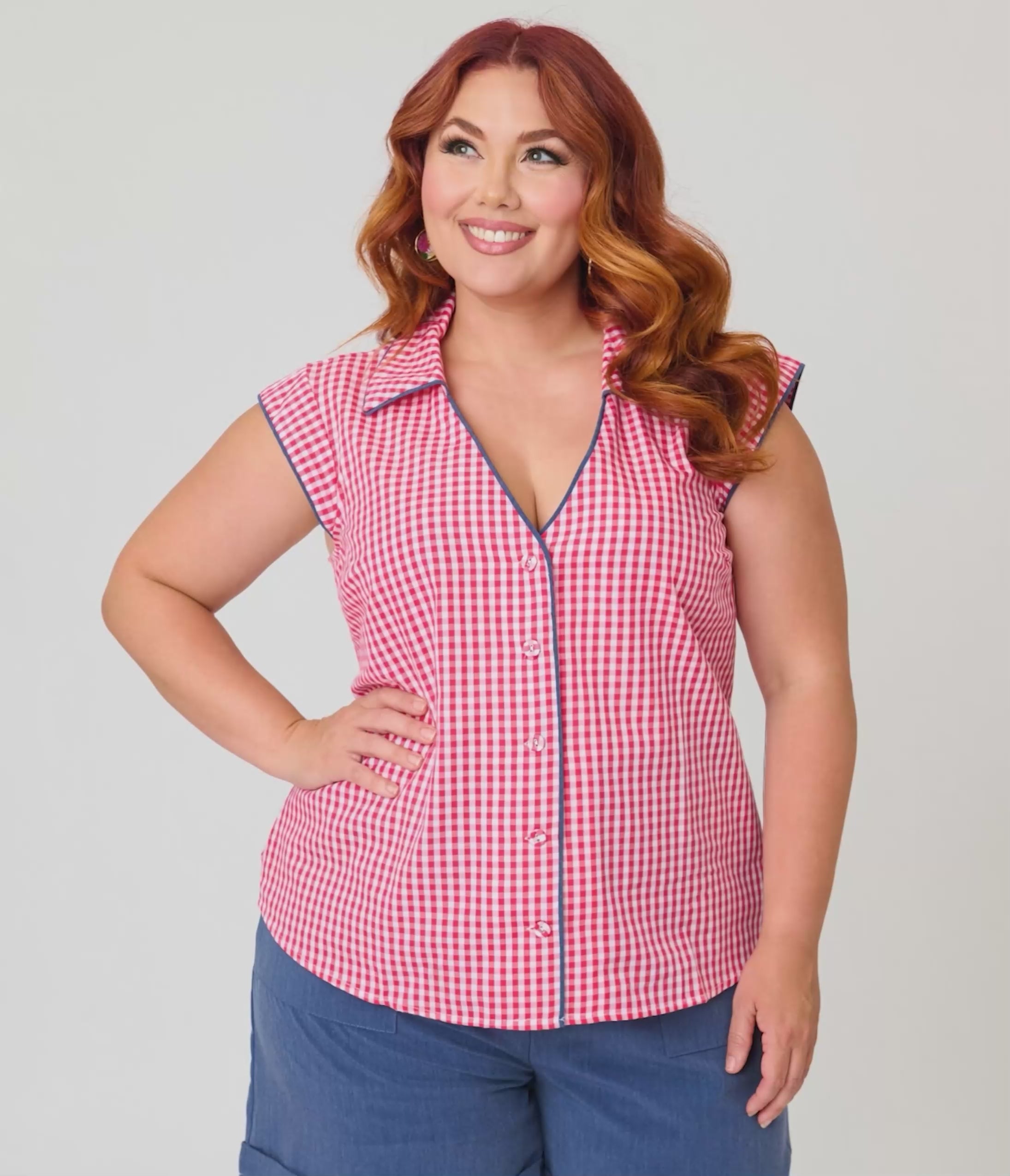 Unique Vintage Plus Size Hot Pink Gingham Cap Sleeve Top