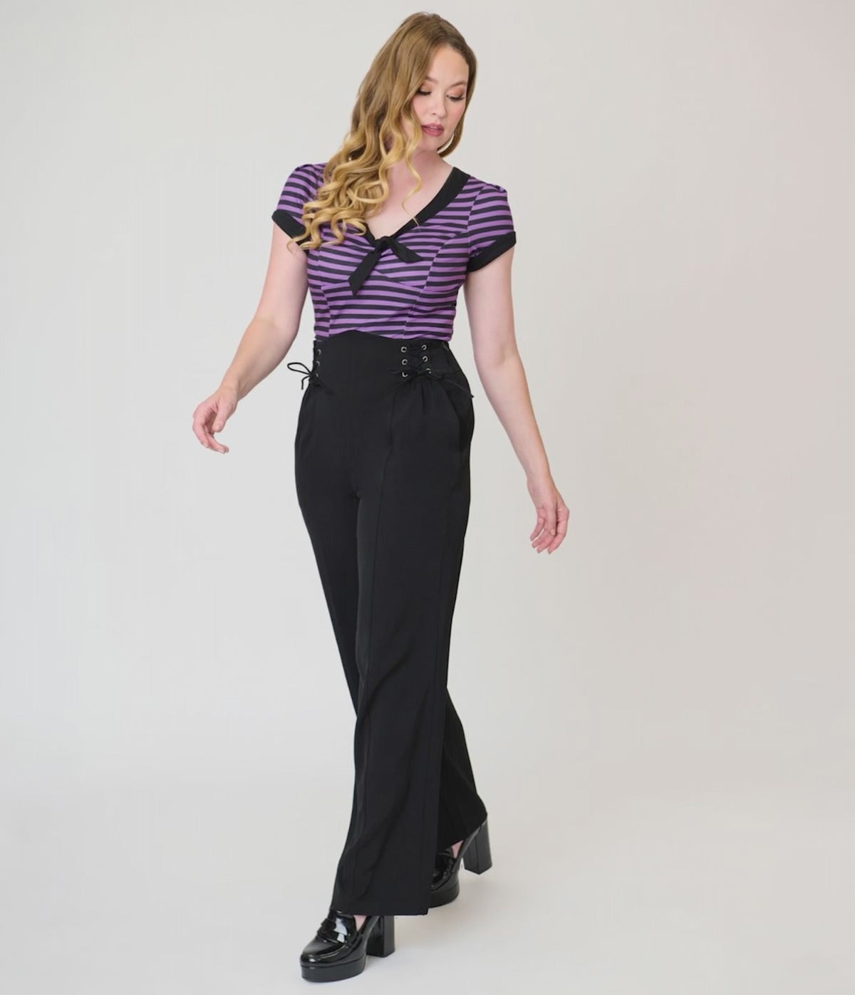 Unique Vintage Black Lace Up High Waist Trousers
