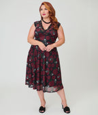 Practical Magic x Unique Vintage Plus Size Dark Roses V-Neck Swing Dress